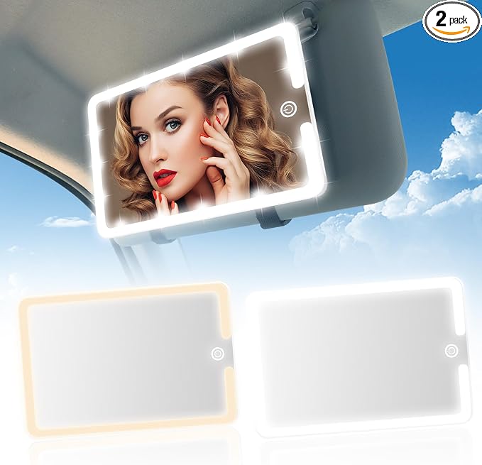 2PCS LED Mirror for Car Sun Visor Accessories,Mid-Size Car Visor Mirrors with 3-Color Dimmable Lights,Lighted Rear View Mirror for Universal Vehicle (White)