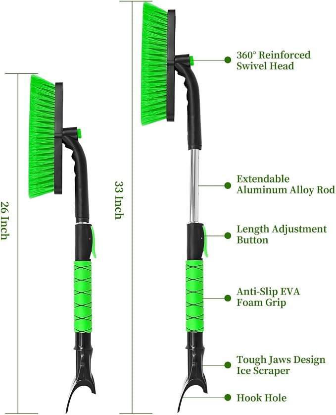 33 Inch Ice Scraper with Snow Brush for Car Windshield, Extendable Snow Scraper and Brush with Foam Grip for Truck SUV Vehicle Window - Green