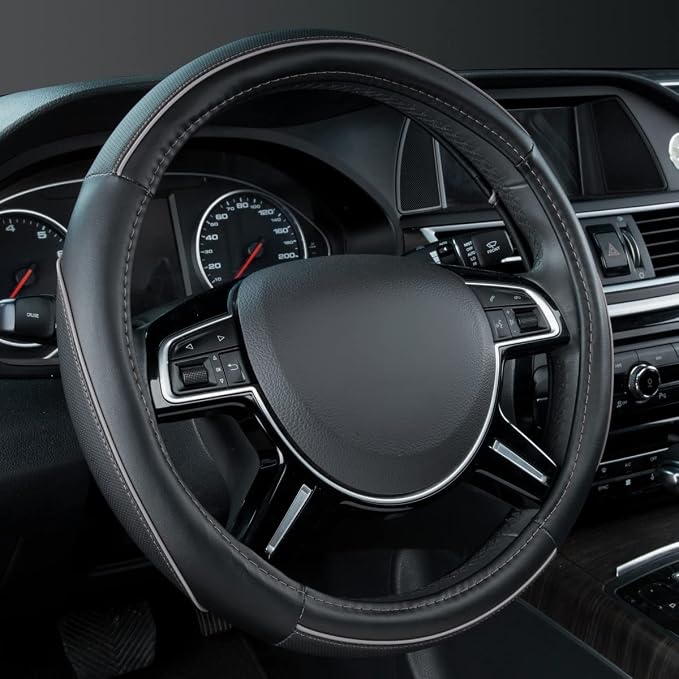 Color Piping Microfiber Leather Universal Fit Steering Wheel Cover,Perfectly fit for 14.5-15 inches Suvs,Vans,Trucks,Sedans,Cars,Automotive(Black & Gray or Grey)