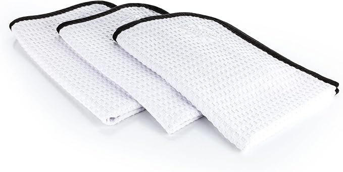Dry Me A River, Professional Korean 70/30 Blend Microfiber Waffle-Weave Drying & Detailing Towels, Soft Suede Edges, 390 GSM, 16x24 Inches, White, 3-Pack