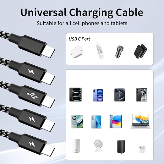 USB C Splitter Multi Charging Cable 2Pack, Dual Type C Charger Cord,4 in 1 Multiple Nylon Braided Cable with 4 Type-C Connectors Compatible with iPhone 15 Pro Max/Galaxy/Tablets/Google-5FT.