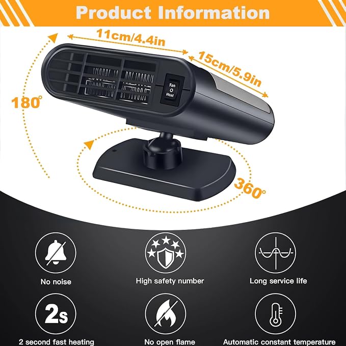 Portable Car Heater,12V Car Heater that Plugs into Cigartte Lighter,Fast Heating Windshield Defroster,2-in-1 Heating & Cooling 360° Rotatable Car Heaters for Vehicle (Grey)