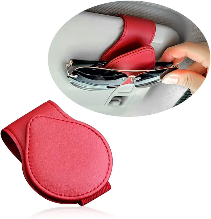 Magnetic Sunglass Holder for Car Visor,PU Leather Car Sunglass Holder Organizes Glasses Tickets Cards & Keeps Car Tidy,Universal Car Accessories Interior (Red)