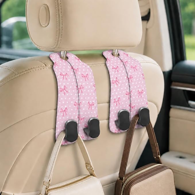 Cute Pink Bow Car Seat Back Storage Headrest Hooks for Purses & Bags – 2PCS PU Leather Dual Metal Hooks, Backseat Organizer Accessories