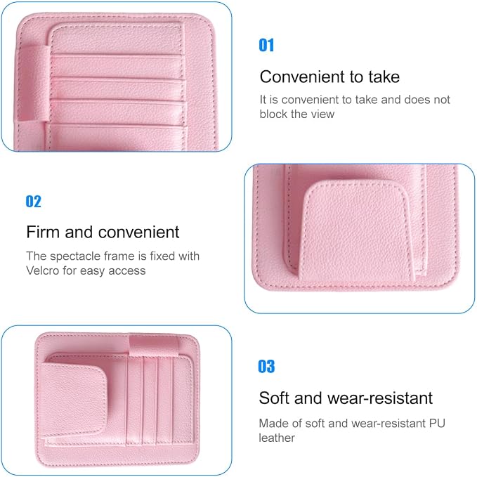 Car Sun Visor Organizer, PU Leather Vehicle Visor Document Storage Pocket for Sunglass Card Pen, Multifunctional Automotive Interior Holder Accessories, Universal Fit (Pink)