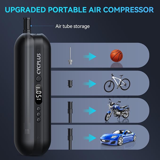 Electric Air Compressor Portable Bicycle Pump Car Tire Inflator, Max 150 PSI, Auto Shut-Off Air Pump with Presta and Schrader Valves for All Bicycles Motorcycles and Cars