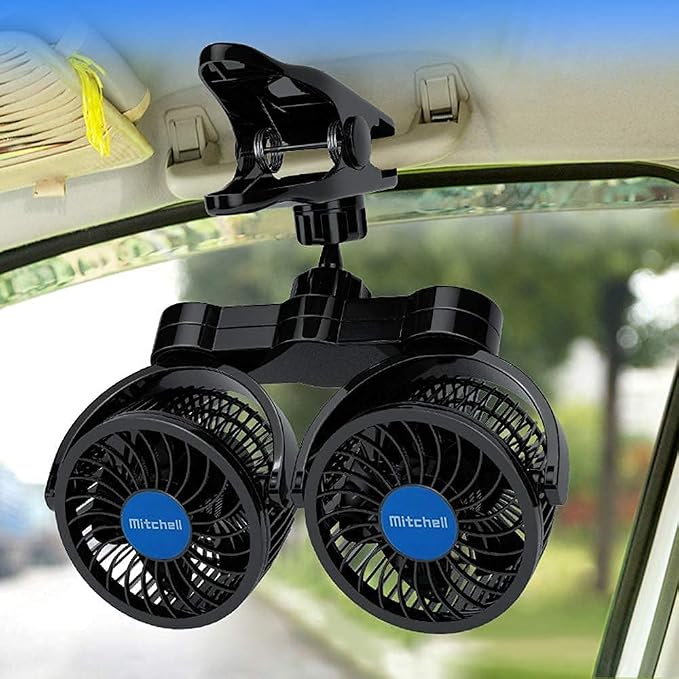 12V Car Clip Fans, Adjustable Dual Head Clip Fan 360° Rotatable Cooling Air Fan, 4'' Electric Auto Car Fans with Cigarette Lighter Plug for Vehicles, RV, SUV
