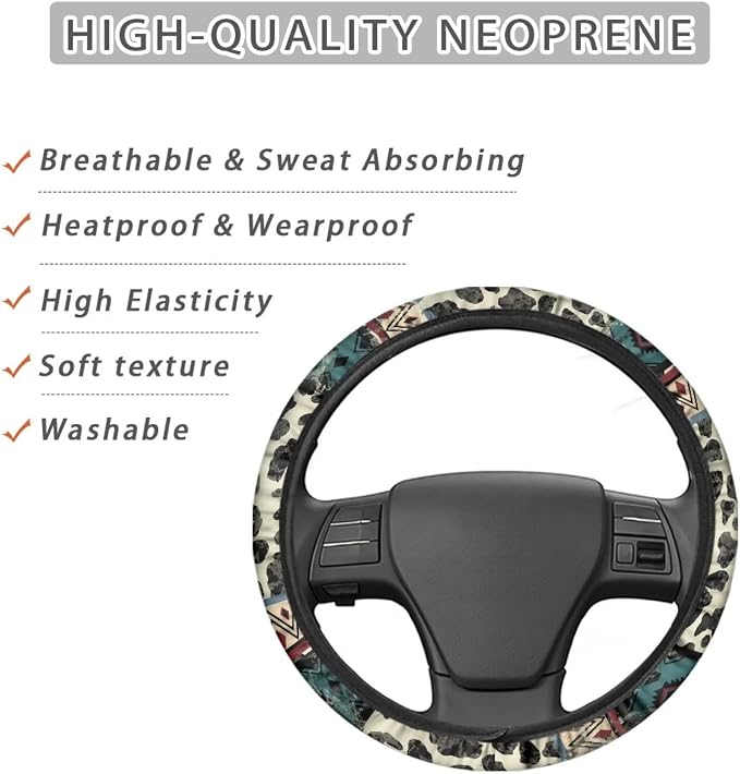 Aztec Cow Print Beige Auto Steering Wheel Cover Universal 15 Inch Diameter Anti-Slip Neoprene Car Steering Wheel Protector for Women Men