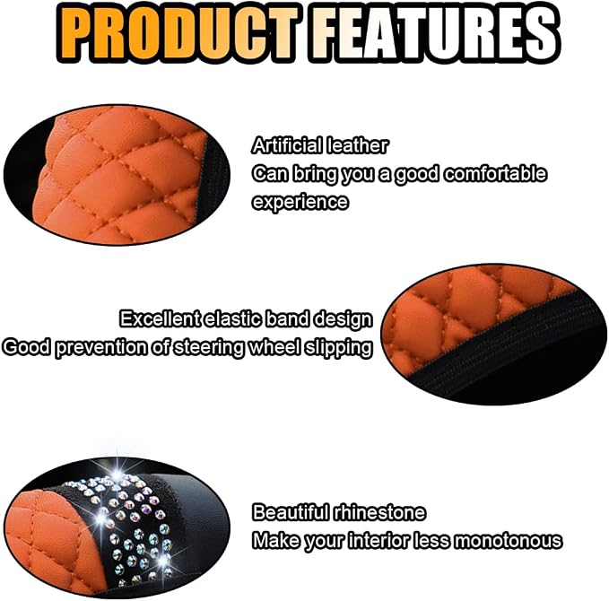 15 Inch Bling Soft Leather Car Steering Wheel Cover, Orange | Colorful Rhinestones Design, Auto Elastic Protector for Women Girls, Crystal Diamond Car Accessories for Most Cars, SUVs