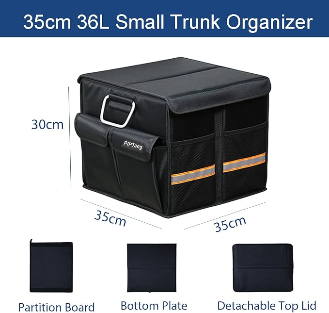 Trunk Storage Organizer with Lid, 35cm Small 36L Collapsible Car Trunk Organizer,Small Car Organizer Aluminium Handle, Car Accessories for Sedan Auto SUV Truck Minivan Road Emergency Black