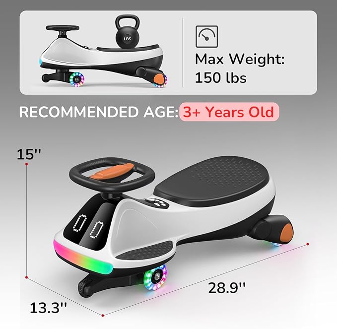 12V Electric Wiggle Car for Kids with Pedal, Display, Rechargeable Battery, LED Light, Bluetooth, Light-Up Wheels, Anti-Rollover, 2 Speeds, Ride on Toys, Birthday Gifts for Age 3+, 150Lbs
