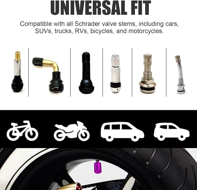 Tire Valve Stem Caps - (4 Pack) Premium Metal Air Caps with Plastic Liner, Durable, Corrosion Resistant and Leak-Proof, Universal Fit for Cars, Trucks, Motorcycles, and Bikes - Purple