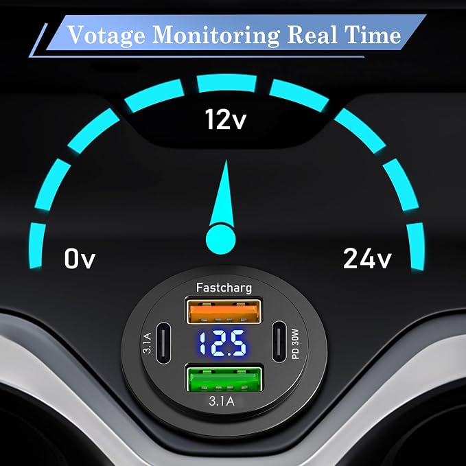66W 12V USB Outlet, 4 Port Dual PD & Dual Quick Charge 3.0 Car Charger with Voltmeter for Car Boat Marine RV