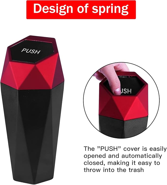 Car Trash Can with Lid, Easy to Clean, Diamond Design Small Automatic Portable Trash Can, Used in Car Home Office Interior Accessories, 2PCS (Red)