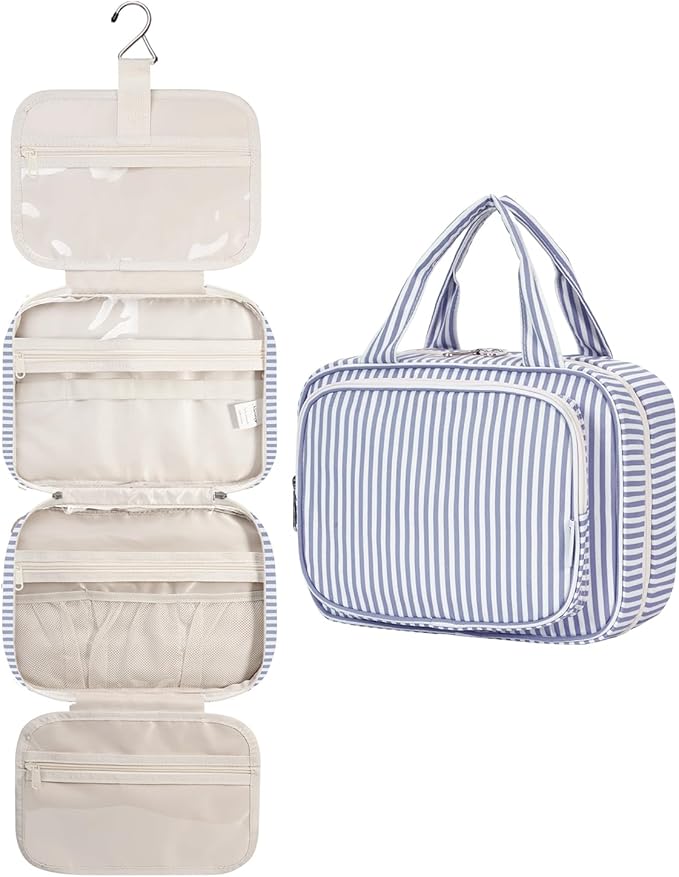 Striped Hanging Toiletry Bag for Women Travel Makeup Bag Organizer Toiletries Bag for Travel Size Essentials Accessories Cosmetics (Greyish Blue Stripe (Medium))