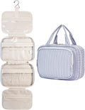 Striped Hanging Toiletry Bag for Women Travel Makeup Bag Organizer Toiletries Bag for Travel Size Essentials Accessories Cosmetics (Greyish Blue Stripe (Medium))