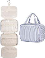 Striped Hanging Toiletry Bag for Women Travel Makeup Bag Organizer Toiletries Bag for Travel Size Essentials Accessories Cosmetics (Greyish Blue Stripe (Medium))