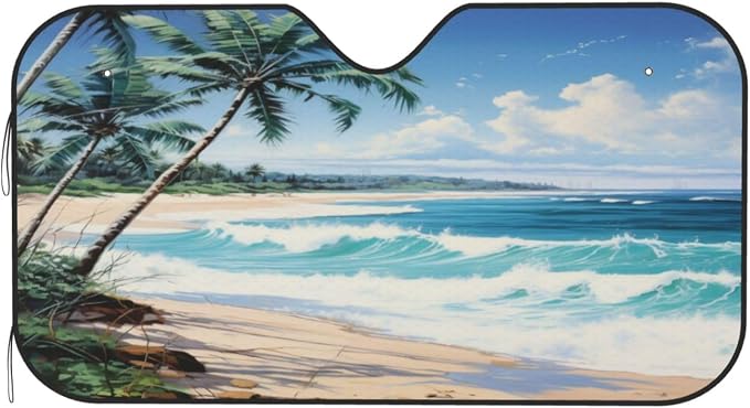 Windshield Sun Shade Beach Sea Palm Tree Car Front Window Sunshade Cover for Truck SUV Blocks UV Rays Automotive Visor Interior Protector 55 x 30 inch