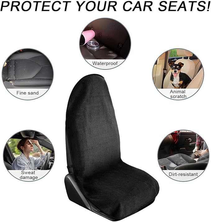 2PCS Car Towel Seat Cover, Waterproof Sweating Non-Slip Premium Soft Towel Carseat Protector, Universal Machine Washable Car Truck SUV Front Seat Cover for Gym Workout Beach Hiking (Black)