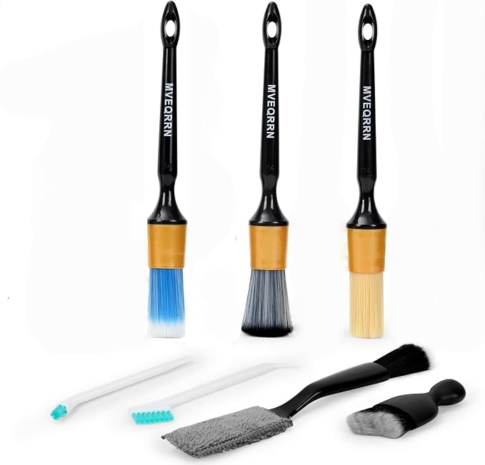 MVEQRRN 7PCS Car Detailing Brush Set,Boars Hair Detail Brush Kit(Gold) | Ultra Soft No Scratch, Car Dust Brush, Interior Detailing Brushes Kit, Detail Brushes Car Detailing for Interior Exterior