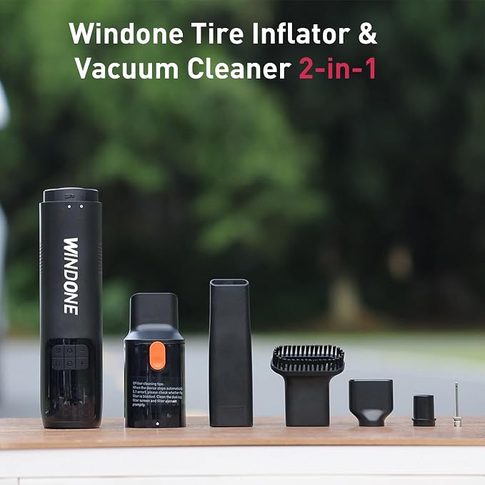 Portable Tire Inflator & Mini Vacuum, 150 PSI Cordless Air Compressor with Deflate Function, LED Display, Auto Shut-Off, Rechargeable Air Pump for Car, Bike, Motorcycle, Balls & Inflatables