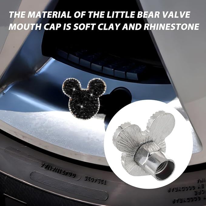 Bling Car Tire Valve Stem Caps, 4PCS Dustproof Crystal Rhinestone Cartoon Mouse Design, Sparkling Attractive Auto Wheel Decoration Accessories, Universal Fit (Black)