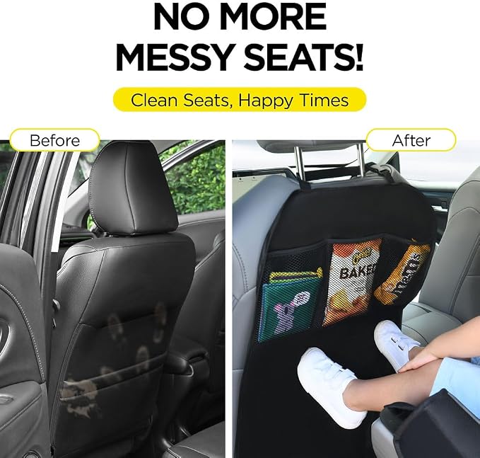 Back Seat Cover For Kids + 3 Pocket Storage Organizer, 2 Pack X-Large Waterproof Kick Mats Backseat Protector, Car Seat Back Protectors For Vehicles To Protect From Dirt, Mud & Scratches