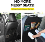 Back Seat Cover For Kids + 3 Pocket Storage Organizer, 2 Pack X-Large Waterproof Kick Mats Backseat Protector, Car Seat Back Protectors For Vehicles To Protect From Dirt, Mud & Scratches
