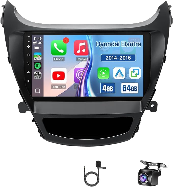 4+64G Android 13 Car Radio for Hyundai Elantra 2014 2015 2016 Stereo Replacement with Wireless Carplay Android Auto, 9'' Touch Screen Built-in Bluetooth GPS Navigation WiFi Backup Camera Mic