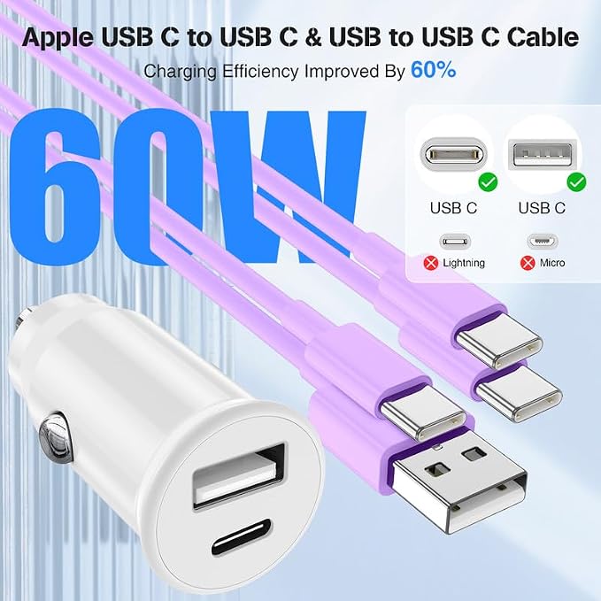USB C Car Charger for iPhone 17 16 15 Pro Max,40W Dual Port USB-C & USB-A Car Fast Charging Adapter, 2X3FT C to C Cable & A to C Carplay Cable for iPhone 17 16 15 Series/iPhone Air,iPad,Samsung-Purple