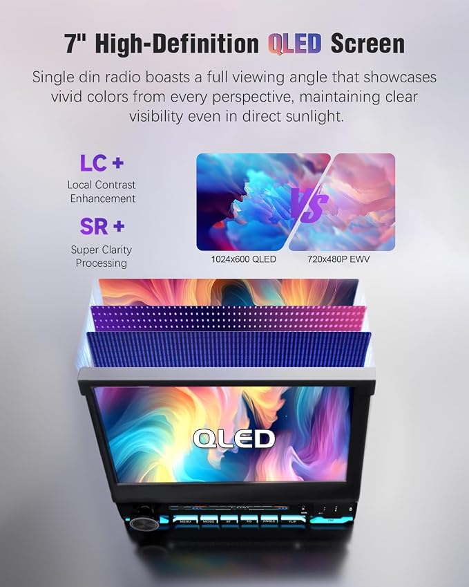 【 】 Single Din Touchscreen Radio with Wireless CarPlay, 7 inch QLED Android Auto Screen for car,Motorized Flip Out Car Stereo Upgrade Fast Charging(QC/PD 3.0)/AM/FM/DSP/AHD (S7012)