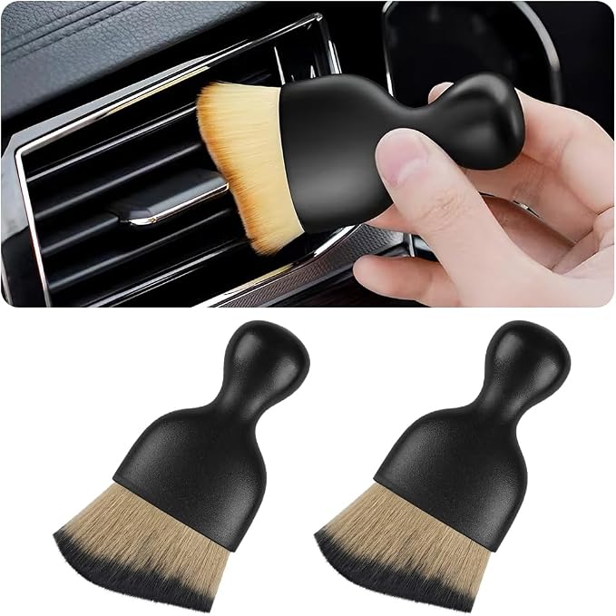 2PCS Car Interior Detailing Brush with Dust Cover, Auto Soft Hair Cleaning Brushes, Scratch Free Curved Dirt Collectors, for Vehicle Dashboard Air Conditioner Vents Leather(Brown/Black)