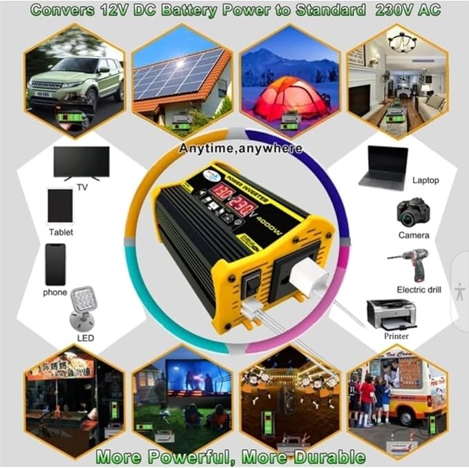 High-Power Peak 4000W DC to AC Power Inverter – 12V to 110V/220V Converter with Dual USB Ports, Universal AC Outlet, LED Display for Cars, Trucks, RVs, and Home Backup (Black, 220V)