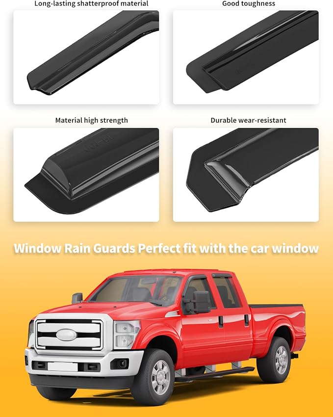 Outside-Mount Window Rain Guards Fit for Ford F250/F350/F450/F550 1999-2016 Super Duty CrewCab, Extra Durable Window Visors Wind Deflector Dark Smoke Vent Shades Car Tape-on with Thicker 4PCS