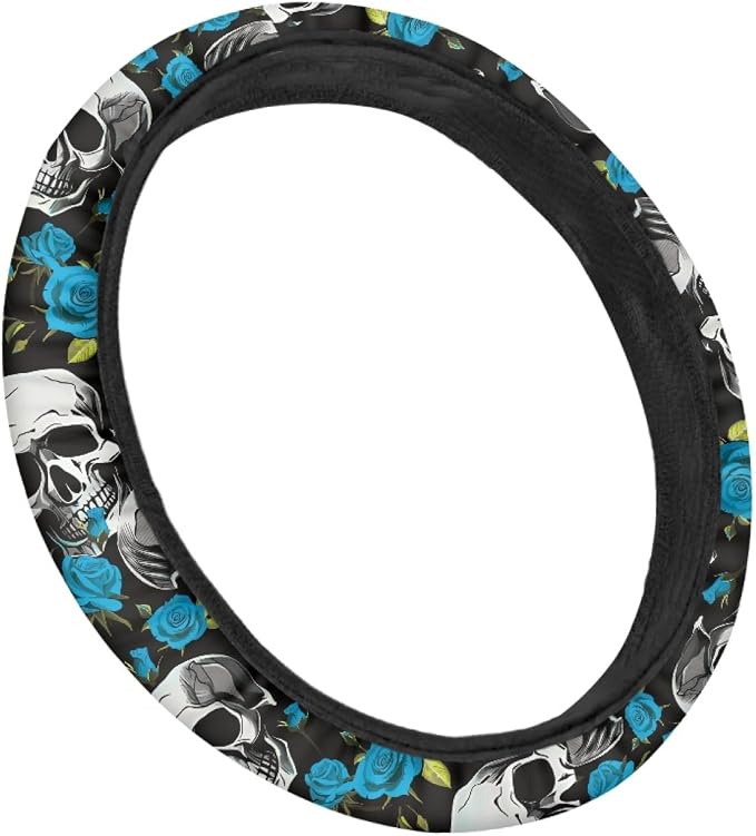 Skulls Print Car Steering Wheel Cover Stretch-on Fabric Neoprene Comfortable Grip Automotive Steering Wheel Protector Adult Anti-Slip Universal 15 inch Machine Washable Gray