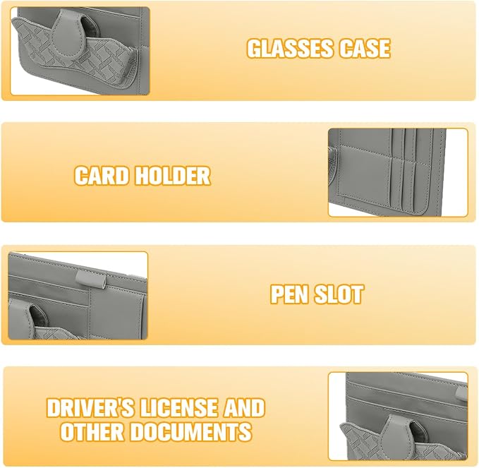 Car Sun Visor Organizer, Multifunctional Visor Storage Pouch with Sunglasses Holder & Card Sleeve Pocket, Auto Interior Organizer Pocket Bag for Pens Cards Documents, Universal Fit (Gray)