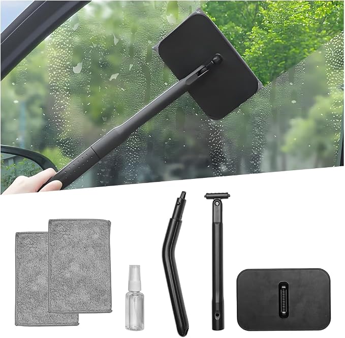 Zpana Car Windshield Cleaning Tool, Vehicle Window Cleaner with Extendable Handle & 2 Washable Microfiber Pads, Automotive Glass Wiper Windscreen Wash Kit, Universal for Vehicles