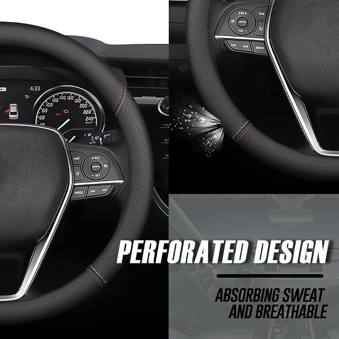 Nappa Premium Leather car Steering Wheel Cover, Non-Slip, Breathable, Universal 15 inches (red Blue line)