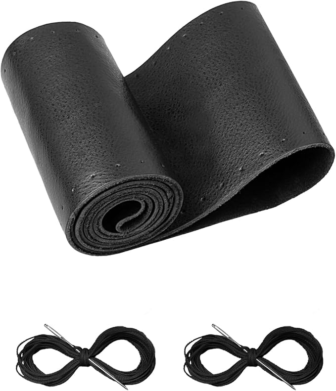 Leather Steering Wheel Cover Lace Up, Stitch on Steering Wheel Wrap, Universal Fit 13-20 Inch Car Truck Pickup Boat, A Whole Piece of Cowhide, DIY w/Needle Thread (Size S1, Black)