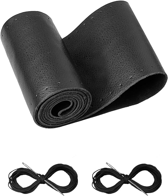 Leather Steering Wheel Cover Lace Up, Stitch on Steering Wheel Wrap, Universal Fit 13-20 Inch Car Truck Pickup Boat, A Whole Piece of Cowhide, DIY w/Needle Thread (Size S2, Black)