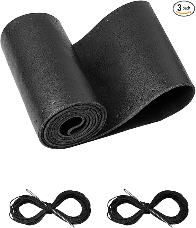 Leather Steering Wheel Cover Lace Up, Stitch on Steering Wheel Wrap, Universal Fit 13-20 Inch Car Truck Pickup Boat, A Whole Piece of Cowhide, DIY w/Needle Thread (Size XXL2, Black)