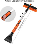 33" Extendable Snow Brush with Detachable Ice Scraper for Car Windshield with Foam Grip and 360° Pivoting Brush Head for Christmas Car Auto Truck SUV, Orange