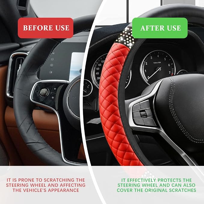 Bling Soft Leather Steering Wheel Cover, Steering Wheel Protector, 15 Inch Rhinestones Car Elastic Protector with Crystal Diamond for Women Girls, Car Accessory for Vehicles (Red)