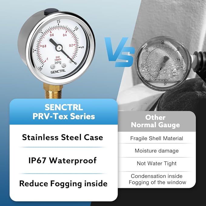 30inHg Vacuum Pressure Gauge, 2" Dial, 1/4 NPT Lower Mount, Waterproof, Stainless Steel Case, for Tube Tester, HVAC, Pneumatic Air Compressor, Hand Pump, Valve Test