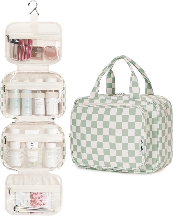 Hanging Toiletry Bag for Women Travel Checkered Makeup Bag Organizer Toiletries Bag for Travel Size Essentials, Accessories, Brushes, Cosmetics (Green Checkerboard (Medium))