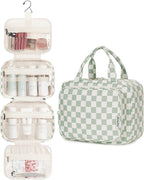 Hanging Toiletry Bag for Women Travel Checkered Makeup Bag Organizer Toiletries Bag for Travel Size Essentials, Accessories, Brushes, Cosmetics (Green Checkerboard (Medium))
