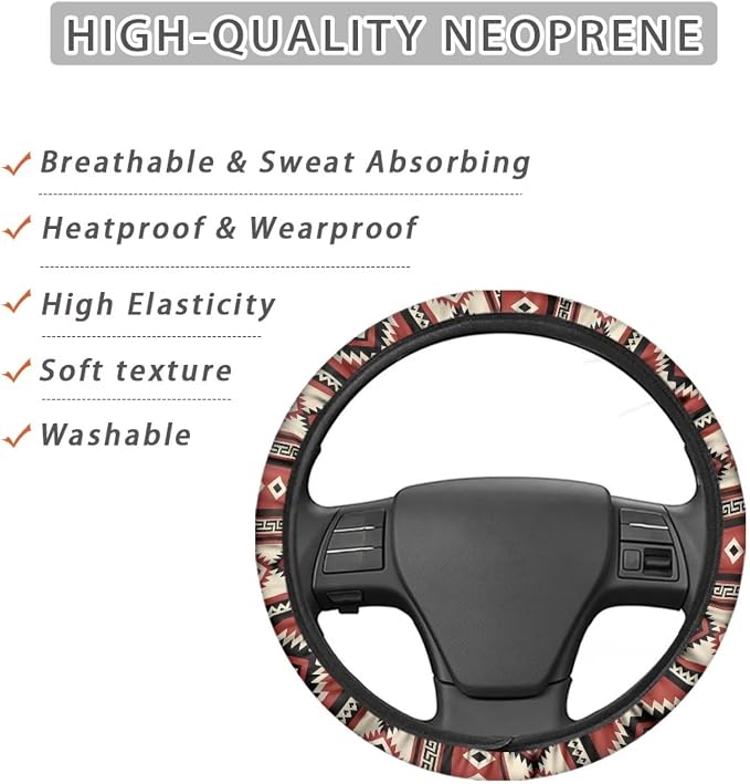 Car Steering Wheel Cover Universal Fit SUV Truck Van, Anti-Skid Soft Stretchy All Weather Protection Auto Decor Accessories, Southwest Aztec Red Beige