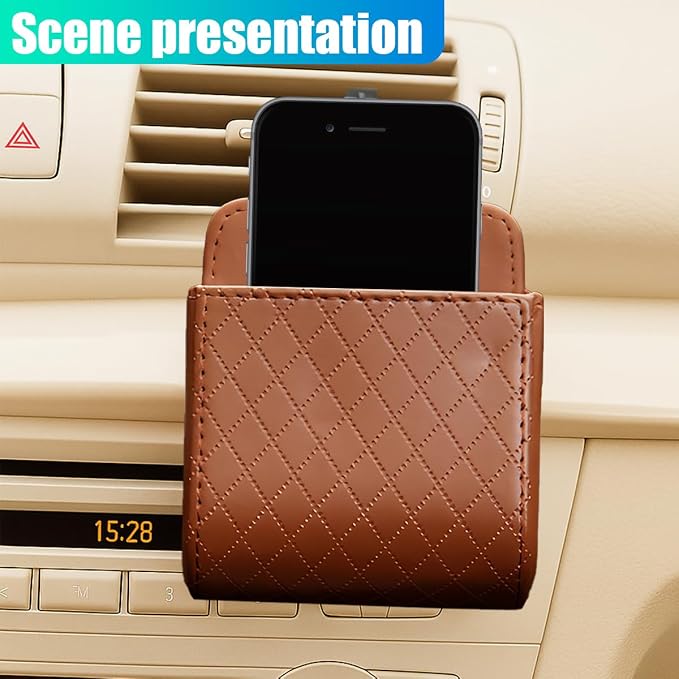 YoRise Car Air Vent Storage Bag, PU Leather Auto Hanging Storage Pouch with Hook, Portable Car Console Organizer, Vehicle Dashboard Organizer Accessories for Key, Cell Phone, Coin, Sunglasses (Brown)
