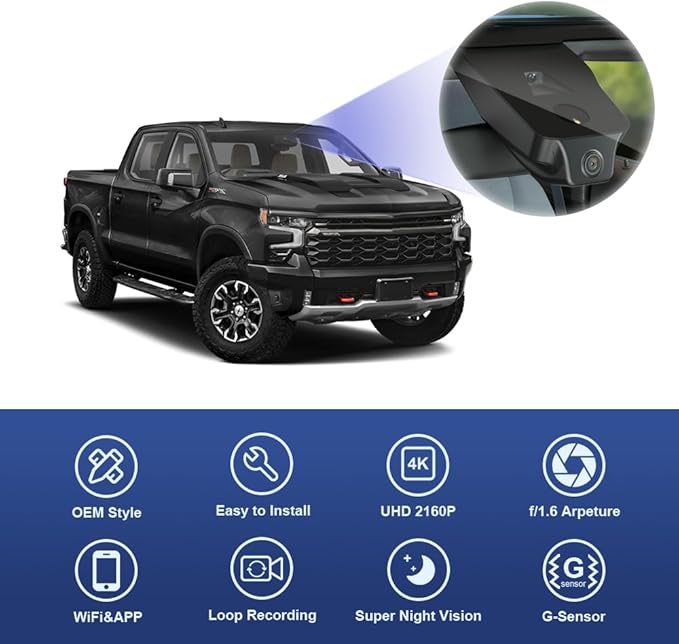 4K Dash Cam Suitable for Chevy Silverado 2022-2025 (HD2-6275) 1500 2500HD 3500HD & EV 2024-2025, OEM Style, UHD 2160P Video, WiFi & APP, Loop Recording, G-Sensor, Plug & Play, 64GB Card