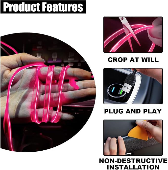 EL Wire Interior Car LED Strip Lights, USB Car Neon Light Strip with Sewing Edge, 16FT Neon Light 5V with Fuse Protection, Electroluminescent Car Indoor Decorations (Pink)